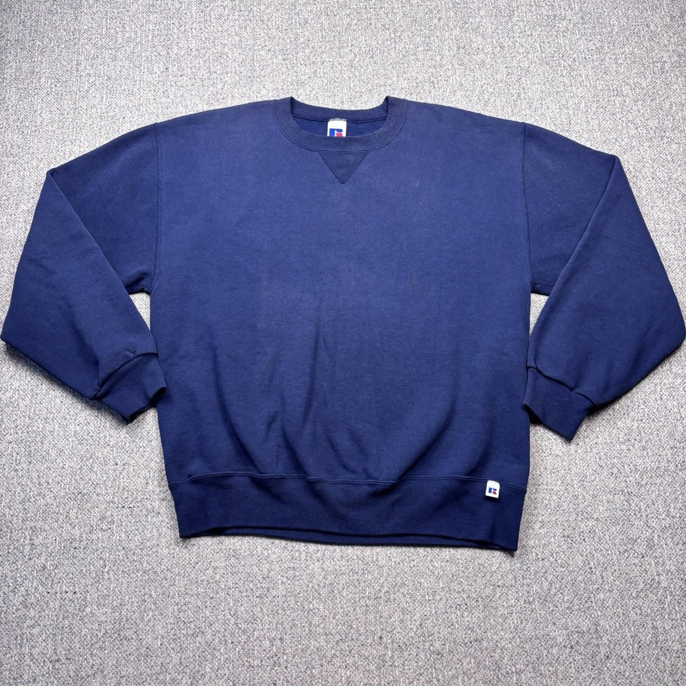 VTG Russell Athletic Y2K Crewneck Sweatshirt Blank Navy Made In Mexico Sz L